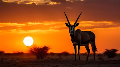 Gemsbok silhouette towering with a polemic accentuation of horns piercing through the orange dome