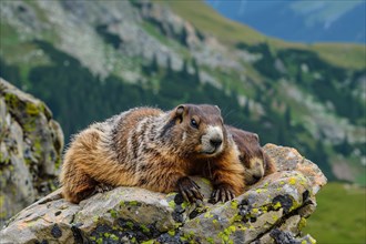 Pair of Marmots resting on stone rocks. KI generiert, generiert, AI generated