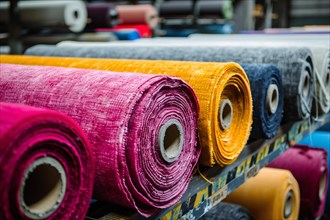 Rolls of fabric in textile factory. KI generiert, generiert, AI generated