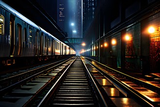Subway trains beneath city streets, AI generated