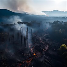 Charred tree skeletons in a smoke filled landscape remnants of a forest fire ignited by lava flow,