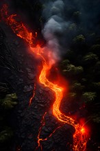Vigorous lava flow making its onslaught on a verdant forest, AI generated