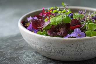 A delicate salad composed of edible flowers and microgreens in a ceramic bowl, AI generated