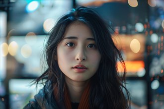 Close-up of a woman with a captivating gaze surrounded by bokeh lights, AI generated