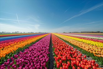 Aerial view of multicolored tulip field on a sunny day creating vivid pattern, AI generated
