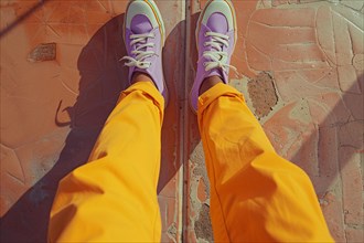 First-person view of feet in purple sneakers and bright yellow pants, AI generated