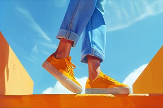 Close-up of feet in orange sneakers against a blue sky, AI generated