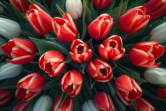 A lush close-up of vibrant red tulips with green leaves, AI generated