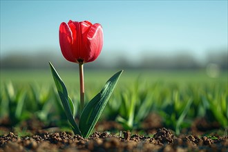 Close-up of a single red tulip sprouting from brown soil, AI generated