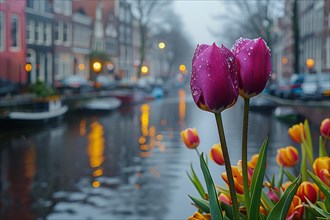 Rain-soaked purple tulips with a reflective Amsterdam canal at dusk, AI generated