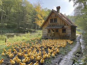 Flock of ducklings gathered in front of a rustic cabin with autumnal trees, AI generiert, AI