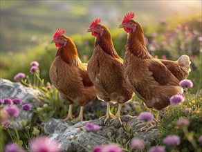 Chickens in the foreground with a sunrise and vibrant flowers behind, AI generiert, AI generated