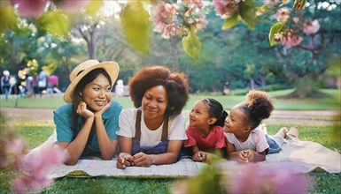 Group of smiling women and children enjoying time together on a picnic blanket in a park, AI