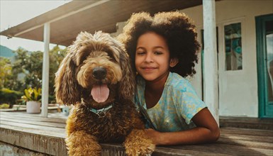 A young girl is laying on a wooden deck with a brown and white dog. The girl is smiling and the dog