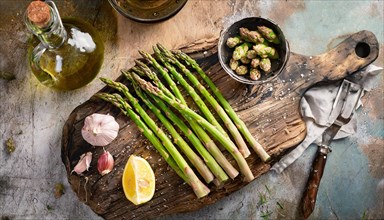 Asparagus artfully presented on a wooden board with lemon and garlic on the side, green asparagus,
