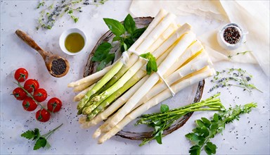 Fresh white asparagus presented with cherry tomatoes, olive oil and herbs on a light-coloured