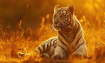 A white tiger basking in the warm glow of the setting sun AI generated