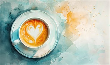 Soft watercolor artwork of a coffee cup and saucer with a heart-shaped latte art AI generated