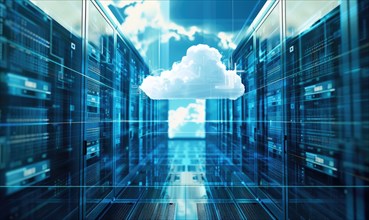 Cloud computing background with server racks and digital data streams AI generated