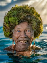 Elderly woman in the ocean with a crown of seaweed, beaming with joy under sunlight, earth day