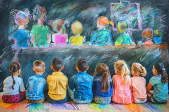 Pre-school children sit in a row and look at a picture drawn with chalk of a scene with pupils in a