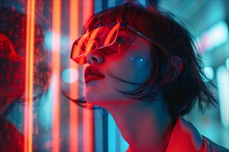 Stylish woman wearing futuristic glasses bathed in red neon light, AI generated