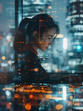 A pensive woman is immersed in a digital world, city lights creating a bokeh effect around her, AI
