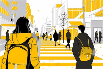 Colorful illustration of street scene with yellow accents and pedestrians, illustration, AI