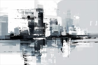 Abstract digital painting of a cityscape with reflection on water, illustration, AI generated