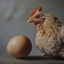 A brown chicken looks at an egg on a rustic background under soft light, AI generated