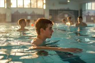 Pupils learn to swim in an indoor swimming pool, sports lessons, AI generated, AI generated, AI