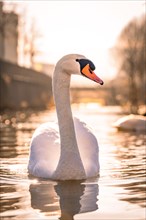 A swan on the water in the warm backlight of the sun, sunrise, Nagold, Black Forest, Germany,