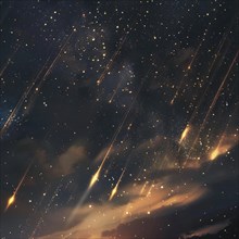 Dark night sky lit by a striking meteor shower with a golden glow AI generated
