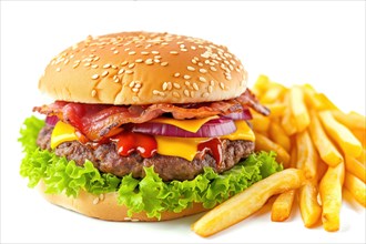 Cheeseburger with bacon and lettuce served with fries on a white background, AI generated