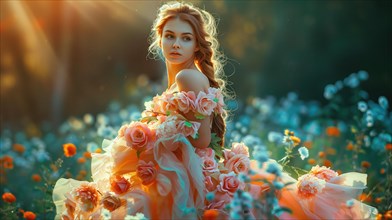 A mesmerizing scene capturing a woman adorned in a dress made of delicate flowers, standing amidst