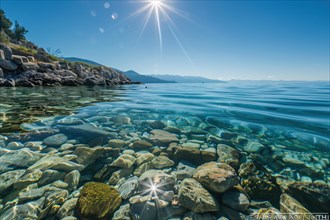Crystal clear waters revealing pebbles with sun glare and a clear blue sky, AI generated
