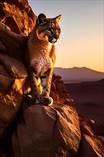 Puma perched atop a rugged rocky outcrop surveilling vast arid expanse of atacama desert, AI