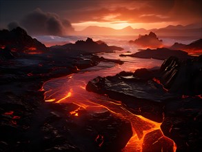 Molten lava flows reaching the sea, AI generated
