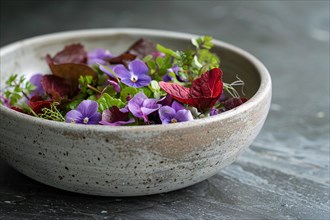 Close-up of edible purple flowers in a textured ceramic bowl, AI generated