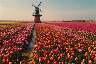 Field of red and yellow tulips with a classic windmill during sunset, AI generated