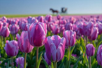 Field of pink tulips under a purple-hued sky at dawn with a windmill silhouette in the distance, AI