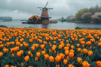 Windmill surrounded by orange tulips with blooming trees by a lake, AI generated