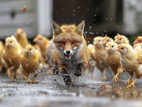 Hurried fox chases a group of chicks on wet ground, AI generated, AI generated