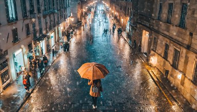 Person with orange umbrella standing on a rainy, reflective city street at night, AI generated