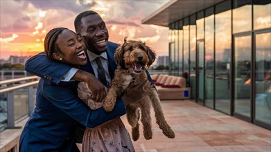 A joyful family with their dog enjoys a sunset on a city rooftop, AI generated