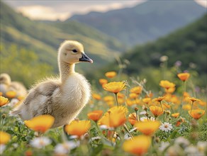 A fluffy chick stands among bright yellow flowers, AI generated, AI generated, AI generated