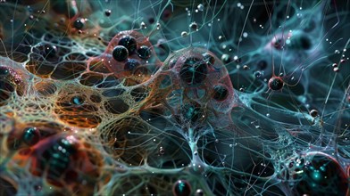 Intricate abstract 3D rendering of organic, network-like structures on a dark background, ai