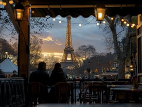 Ein Paar geniesst den Blick auf den Eiffelturm bei Sonnenuntergang von einer Cafeterrasse aus,