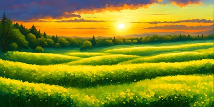AI generated abstract painting of grasslands under a blazing sunset waves of greens