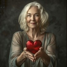 Portrait of a serenely smiling older woman with grey hair holding a red heart, AI generated